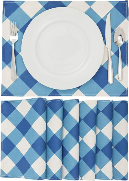 Set of 6 Blue and White Plaid Cloth Placemats, Washable Table Mats with Buffalo Design for Dining Table