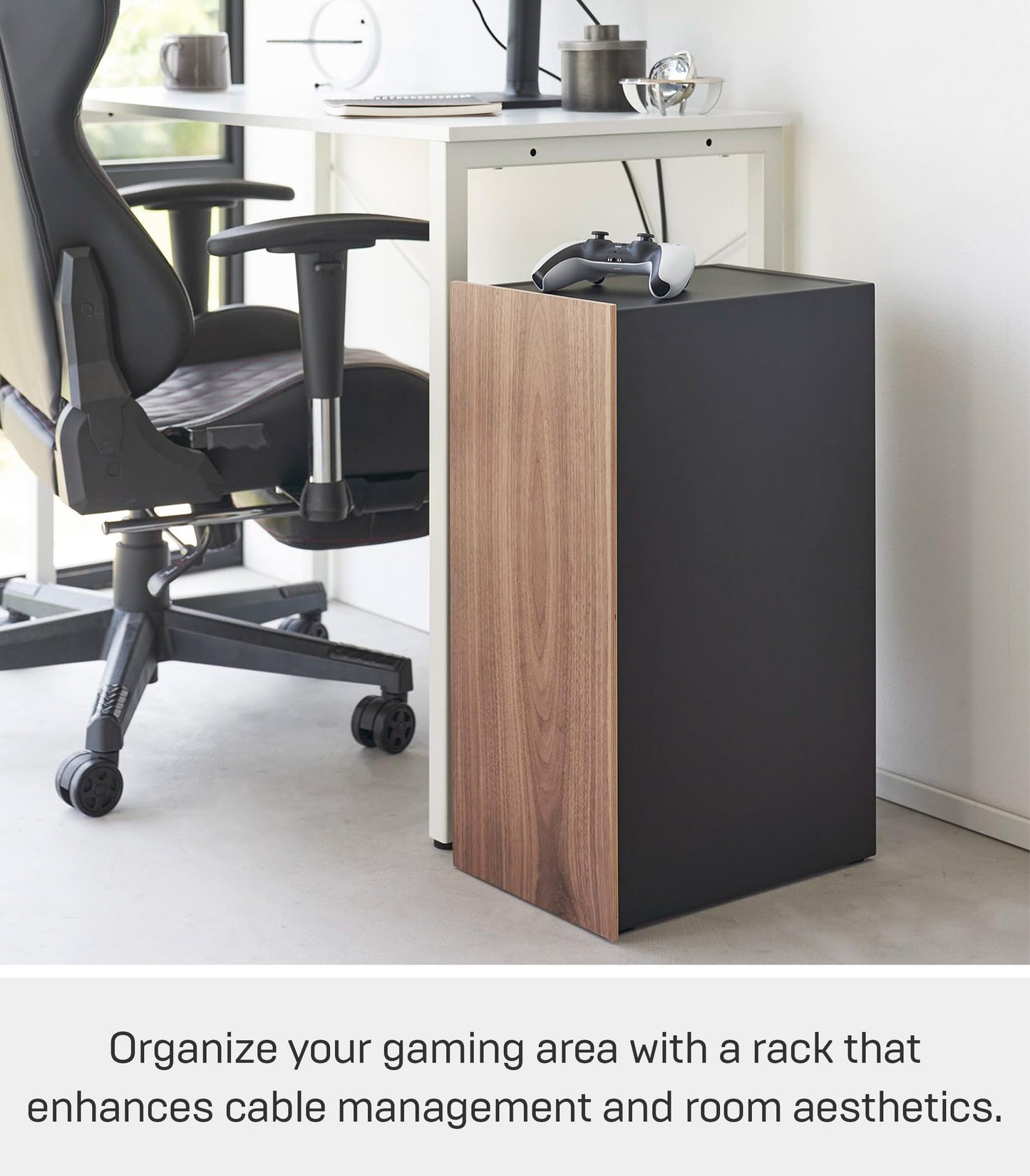 Yamazaki Home Tower Large Capacity Game Console Rack – Organize Controllers, Pull-Out Shelf, Cable Management - Steel