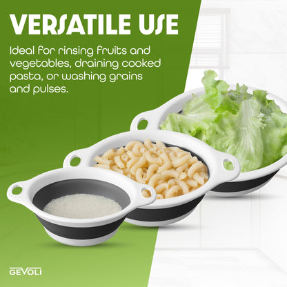 Gevoli Collapsible Colanders (3 Pack Set) Food Strainers with Over-Sink Water Draining Base for Pasta Fruits and Vegetables (Patent Pending) White (3 Sizes, 3QT, 4QT and 5 Quart)