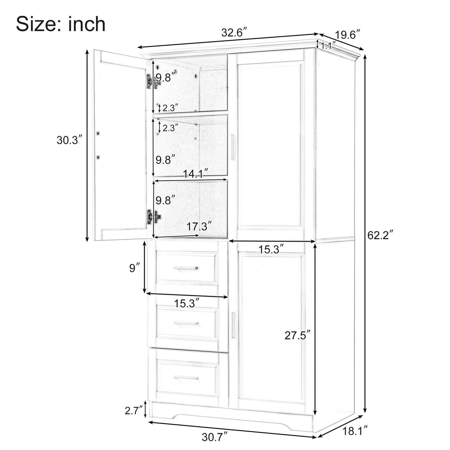 62.2" Wide Storage Cabinet Pantry Cupboard with Doors and Drawers for Home Kitchen, Bathroom and Living Room, Adjustable Shelf, Black