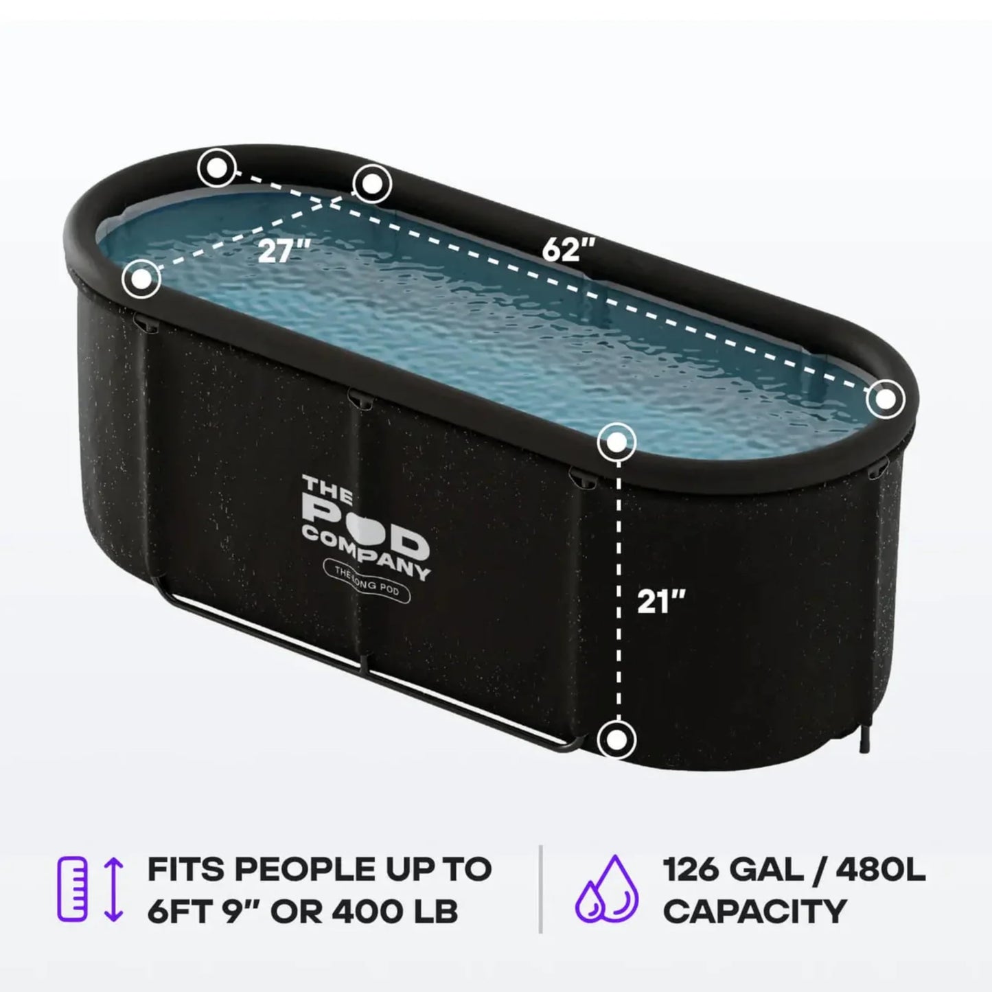 The Pod Company Cold Plunge Bundle – Long Pod (126 Gallon) + 1/3 HP Standard Water Chiller (41°F) – Extra-Large Metal Frame Cold Plunge Tub with Filtered Cooling System