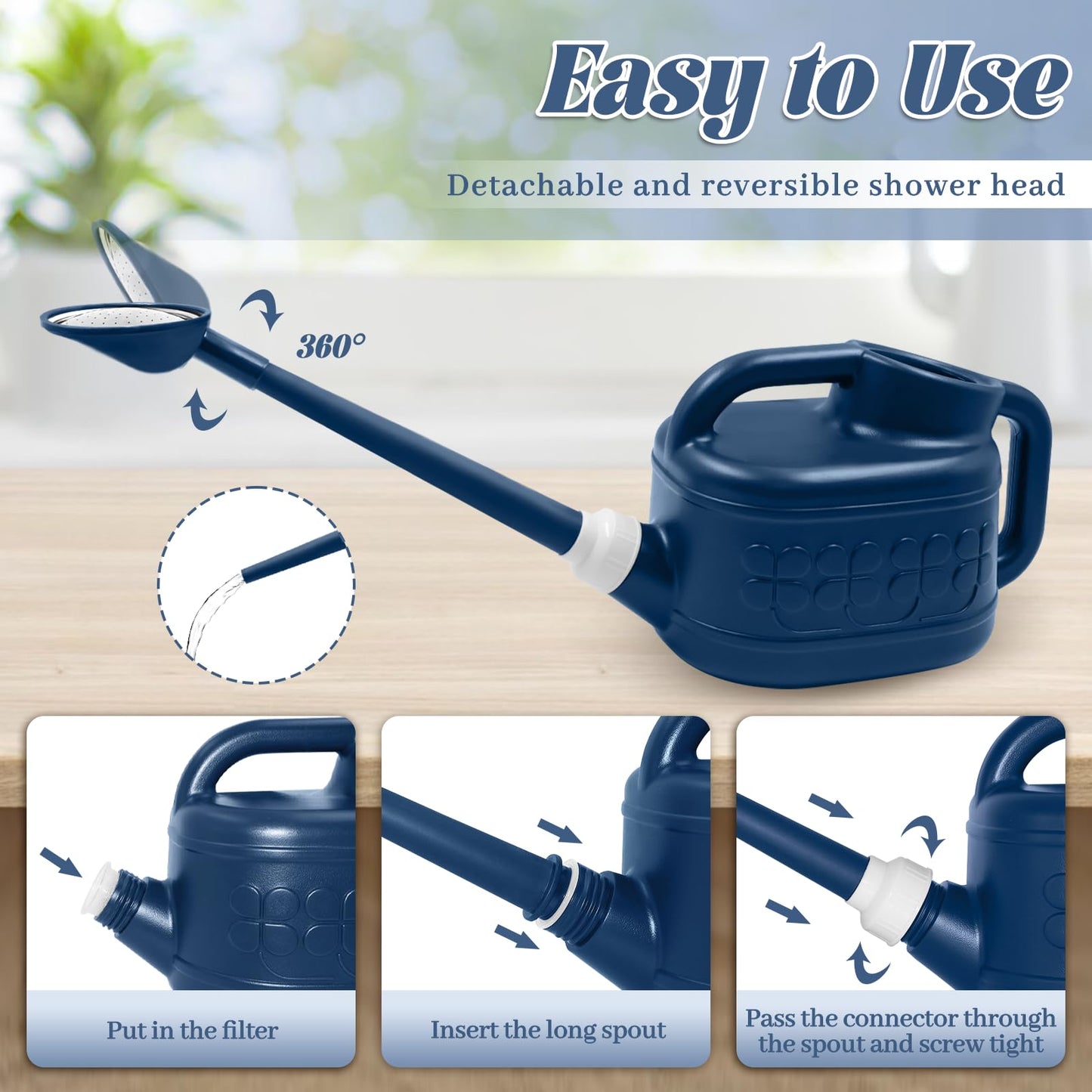 Watering Can for Indoor & Outdoor Plants, Plant Watering Can with Stainless Steel Shower Head, 1 Gallon Plastic Water Can for Garden, Flowers, Vegetable, Greenhouse (Dark Blue)