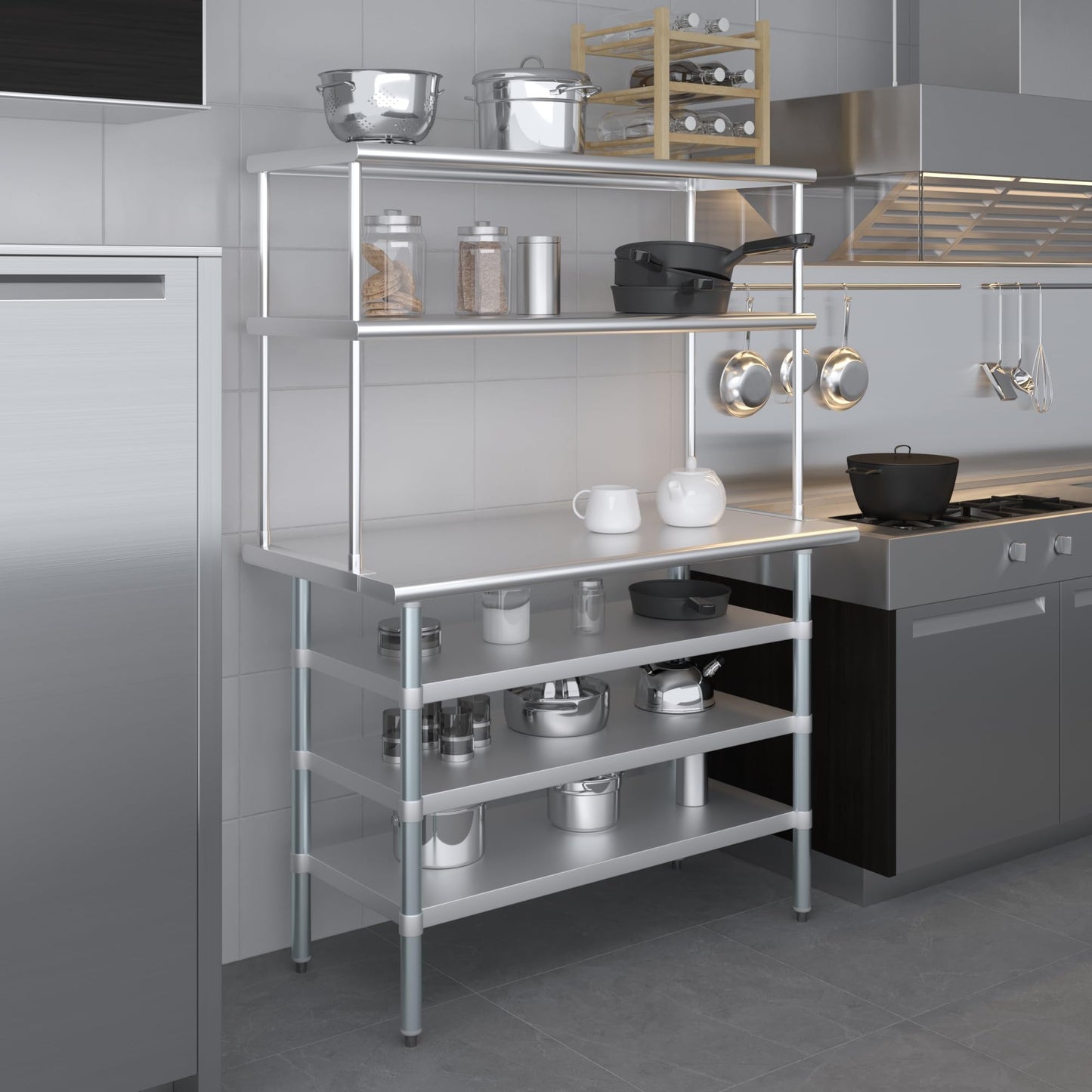 AmGood 48 Inch Double Tier Overshelf, 48 in. x 18 in. x 32 in. Stainless Steel Table Mount Shelf, 2 Tier Over Shelf for Prep Tables, Commercial Kitchen Storage Rack, Restaurant Equipment, NSF