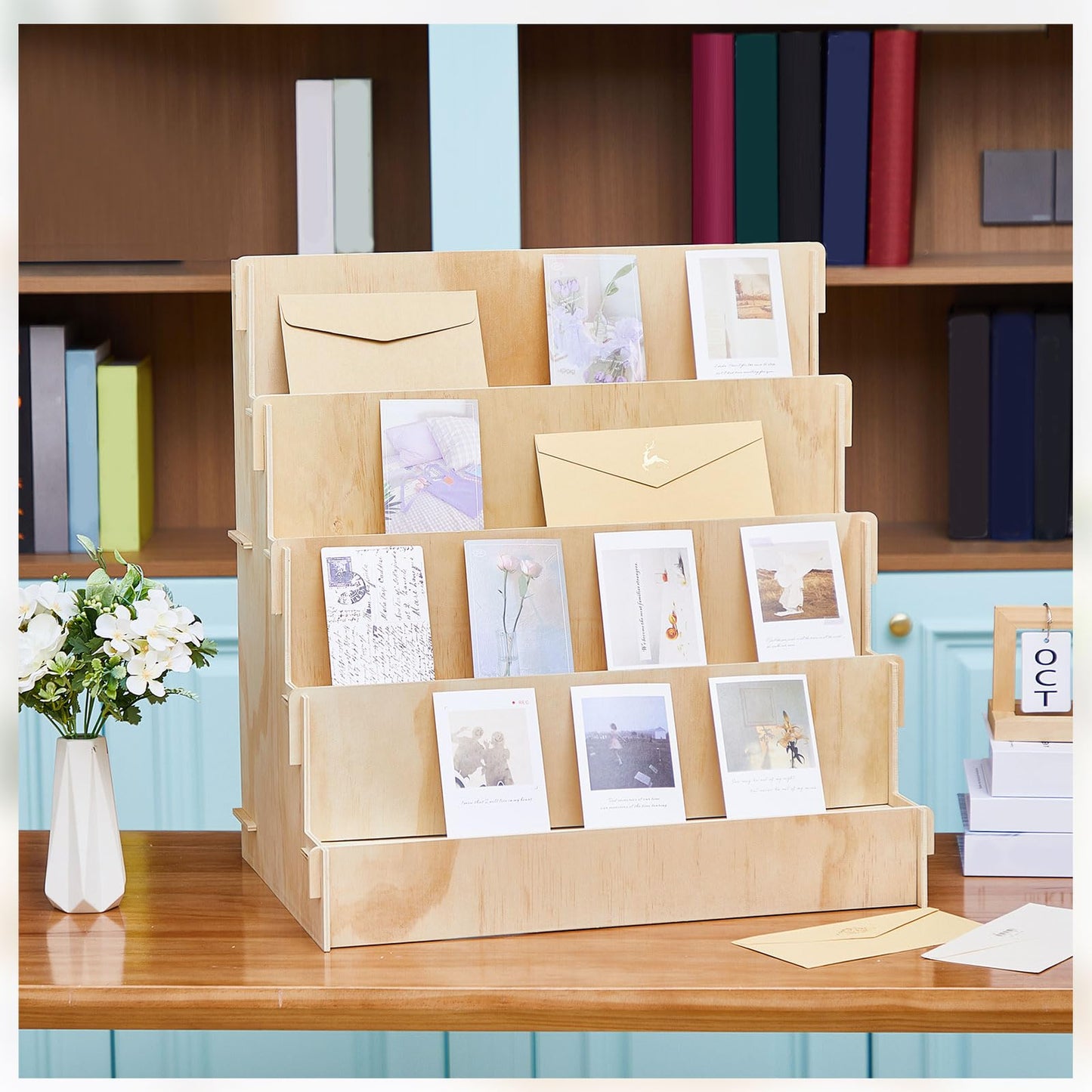 Barydat Wooden Card Display Stand Stationary Organizer Sticker Stand for Vendor Crafts Greeting Card Organizer Rack Retail Display Holder(23.23 x 14.96 x 22.44 Inch (4 Tier),Wood)