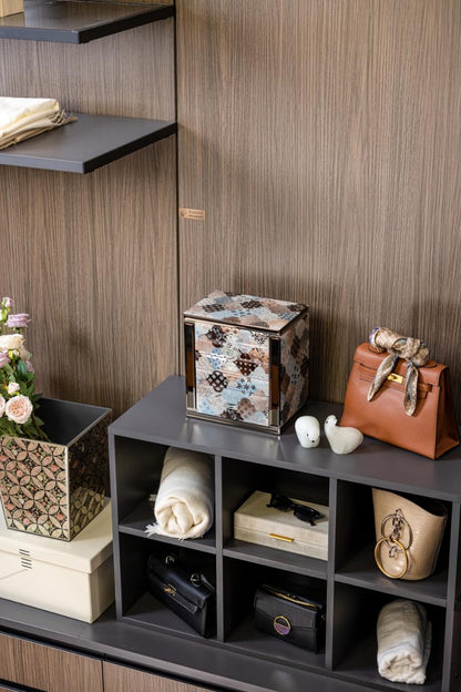 Homruilink High End Glass Jewelry Box, 5 Layer Jewelry Organizer for Women, Side Doors & Mirror, Velvet-Lined Storage for Rings & Necklaces, Ideal Gift (Geometric Floral)