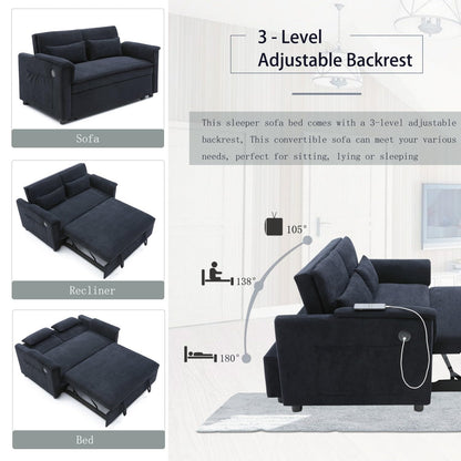 55" Convertible Futon Sofa Bed, Velvet 3 in 1 Sleeper Sofa, Pull Out Couch with USB Ports & 2 Waist Pillows, Adjustable Backrest Loveseat Sofa, Couches for Living Room, Apartment, Bedroom, Black