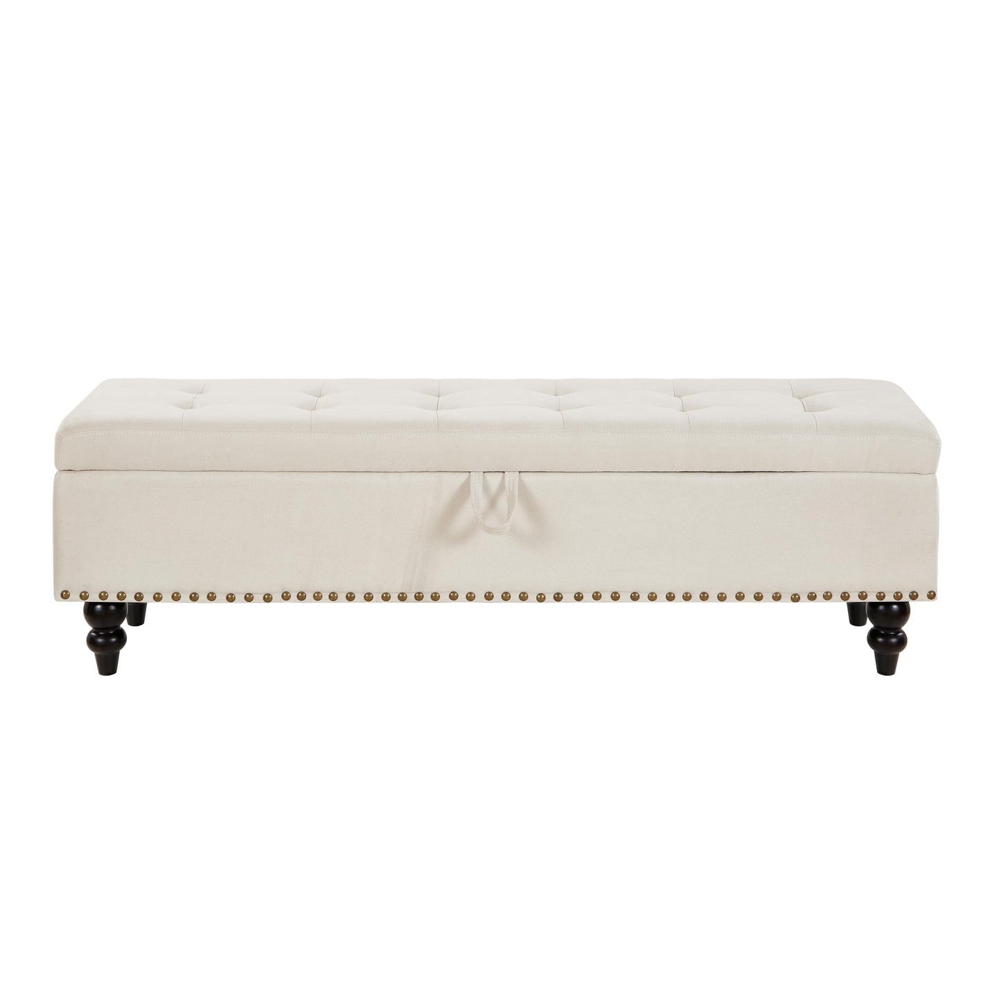 GDFStudio 59" Mid-Century Modern Rectangle Storage Ottoman Bench, Button Tufted Lift-Top Linen Ottoman Foot Rest with Solid Legs and Nailhead Trim, Upholstered Oversized Pouf for Living Room, Beige