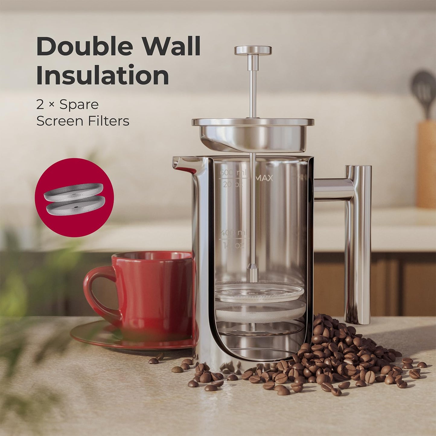 MuellerLiving French Press Coffee Maker 20oz, Stainless Steel French Press Coffee, 4 Filter Heat Resistant Double Insulated, Rust-Free, Food Grade, Dishwasher Safe Coffee Pot