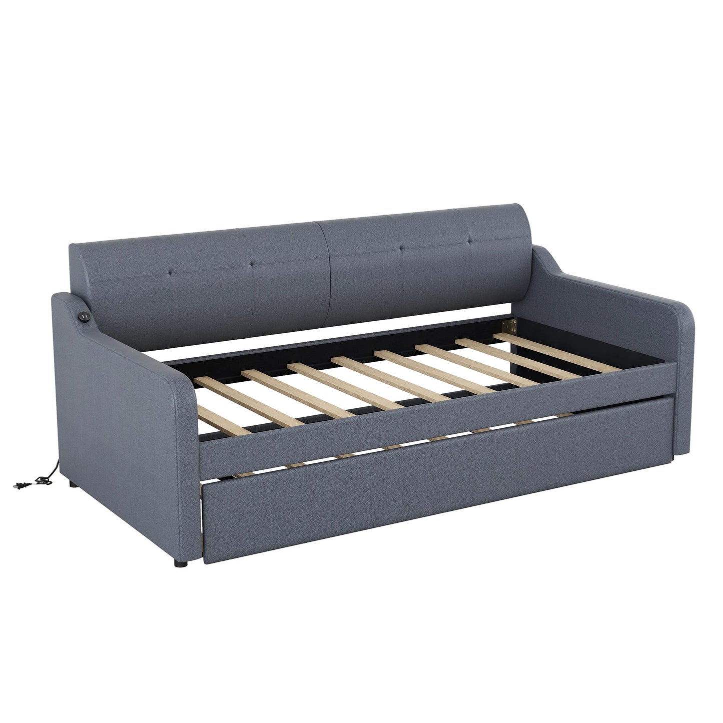 GDFStudio Twin Size Upholstered Daybed with Trundle and USB Charging Port, Pop-Up Trundle Flat or Elevated, Woven Fabric Day Bed Frame with Backrest and Armrests, Gray