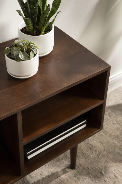 Kate and Laurel Locklear Midcentury Console Table, 38 x 14 x 25, Walnut Brown, Modern Wooden Console With Three Storage Shelves
