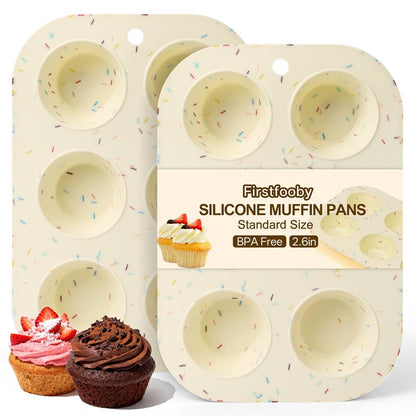 Firstfooby 2 Pack Silicone Muffin Pan for Baking, Regular Size Nonstick Cupcake Pan, 6-Cup Silicone Muffin Tin BPA Free Dishwasher Safe, Great for Muffin Cupcake Brownie Egg Tart