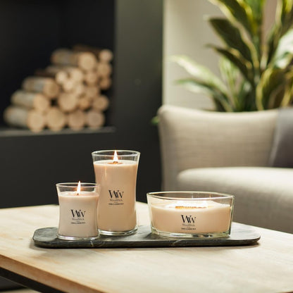 WoodWick Tonka & Almond Milk Gifts for Women and Men, 9.7 oz Medium Hourglass Candle with Crackling Wick