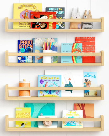24 Inches (4-Pack) Forbena Natural Wood Nursery Bookshelves for Wall, Long Floating Book Shelves, Wall Mounted Bookcase