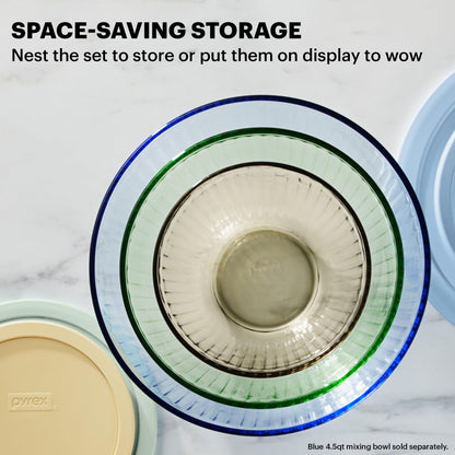 Pyrex Colors Tinted 3-PC, Unlidded Small/Medium/Large Glass Mixing Bowls, Nesting Space Saving Set of Bowls For Prepping and Baking, 1.3QT, 2.3QT & 4.5QT