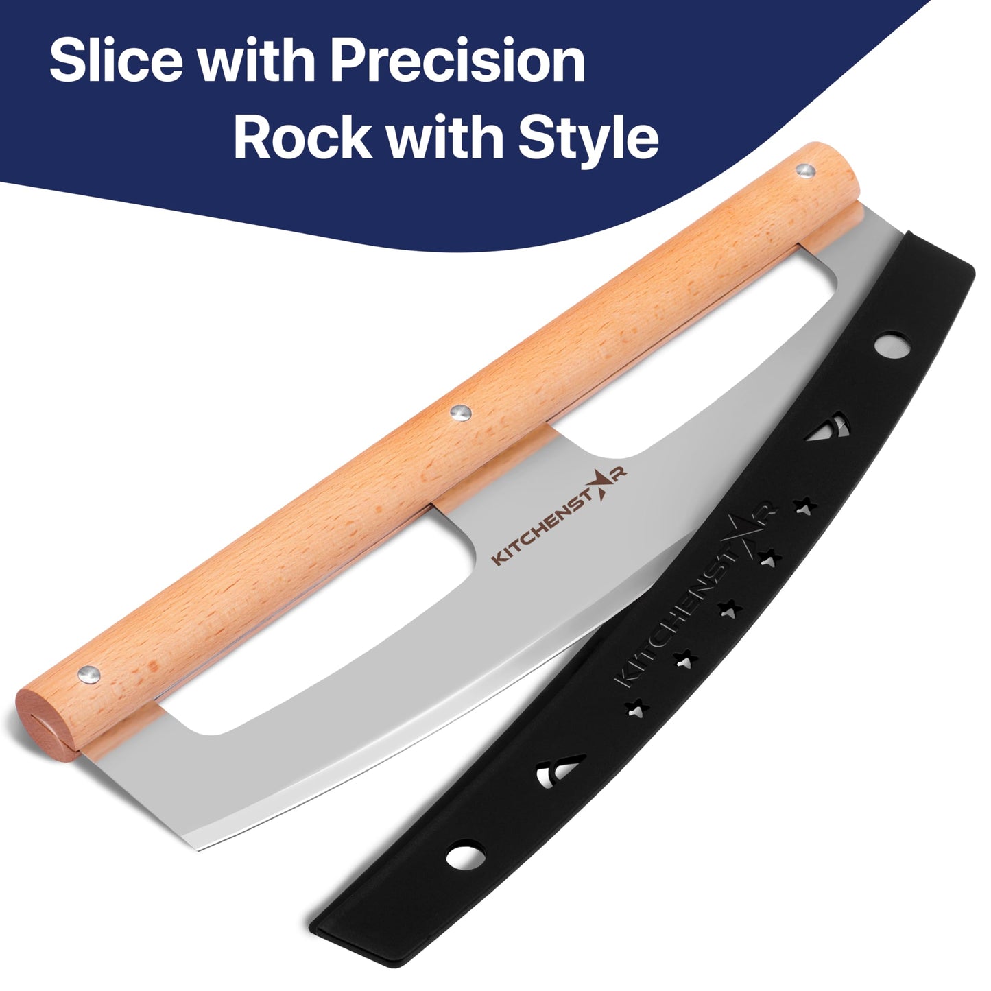 KitchenStar 14-Inch Pizza Cutter Rocker Blade - Razor Sharp Stainless Steel Slicer Knife, Stylish Beech Wood Handle, Protective Cover - Professional Pizza Oven Accessories, Silver