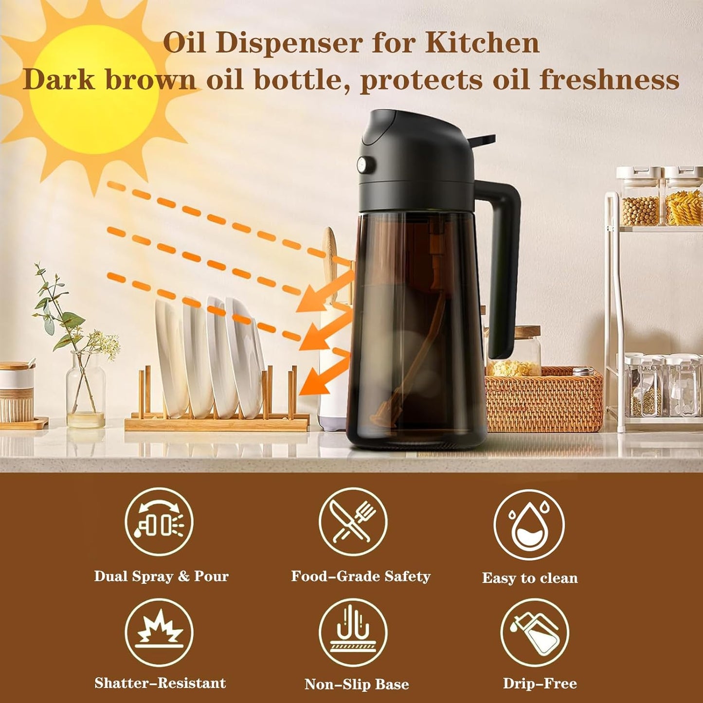 Oil Sprayer for Cooking, 16oz Glass Olive Oil Dispenser Bottle for Kitchen Gadgets, 2 in 1 Spray and Pour Dark Brown Bottle with Stickers for Air Fryer, Salad