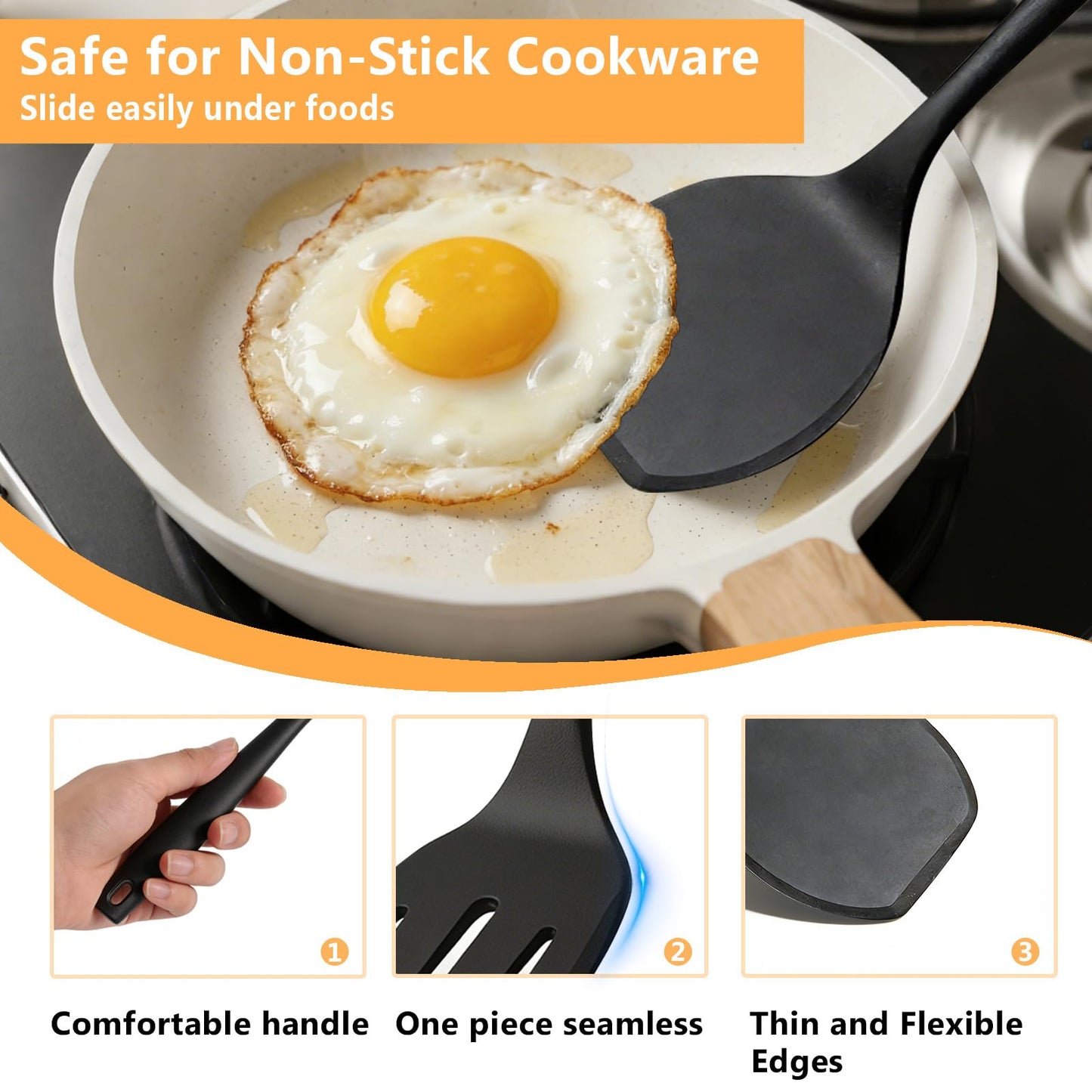 KoudHug Silicone Spatula Turner Set, 600°F High Heat Resistant Spatulas for Cooking, BPA Free, Large Flexible Kitchen Utensils Flipping Eggs, Pancakes, Fish, Burgers, Dishwasher Safe (4 Pack, Black)