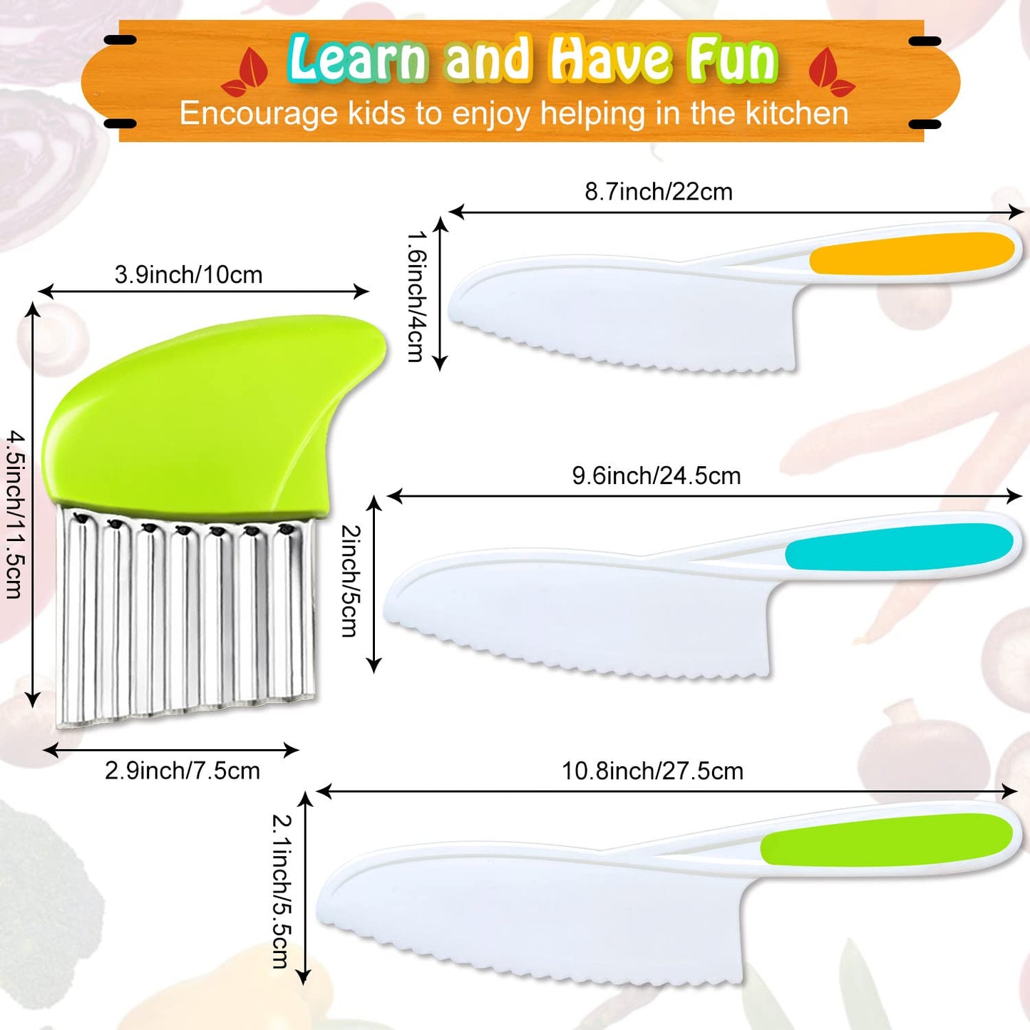 TAORISH 4 Pcs Kids Knife Set, Kids Kitchen Knife with Crinkle Cutter, Serrated Edges Plastic Toddler Chef Knife for Real Cooking & Cutting Fruit Bread