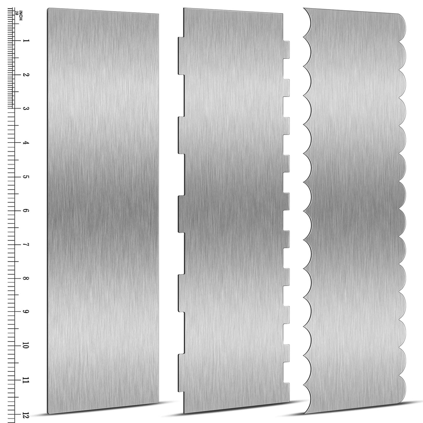 Yinkin 3 Pcs 12 Inch Cake Scraper Smoother Stainless Steel Cake Scraper Metal Large Double Sided Patterned Edge Decorating Comb Icing Smoother for Mousse Butter Cream Dessert Decoration
