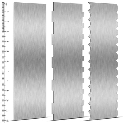 Yinkin 3 Pcs 12 Inch Cake Scraper Smoother Stainless Steel Cake Scraper Metal Large Double Sided Patterned Edge Decorating Comb Icing Smoother for Mousse Butter Cream Dessert Decoration