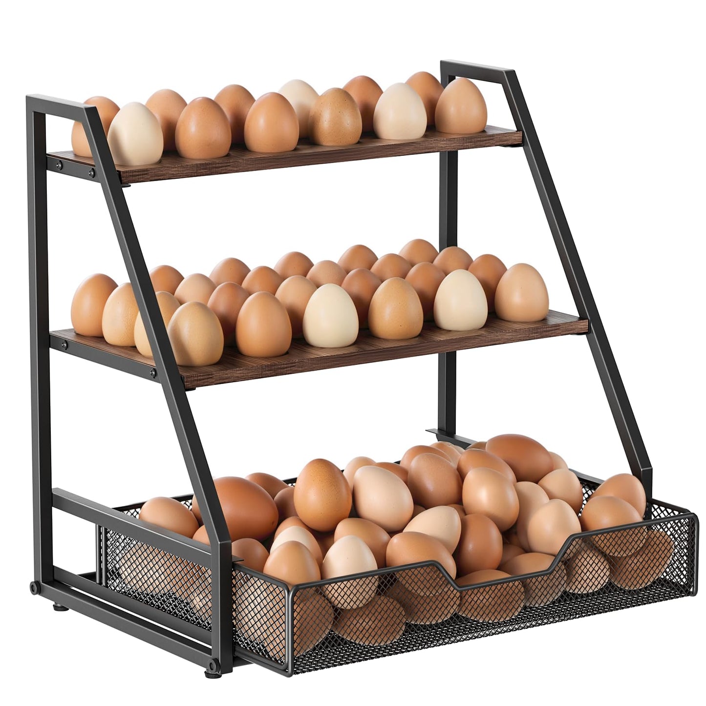 Wolera 3-Tier Wooden Fresh Egg Holder Countertop With Basket for 36+90 Eggs, Storage for Countertop with Carry Handle for Gathering 150+ Fresh Eggs