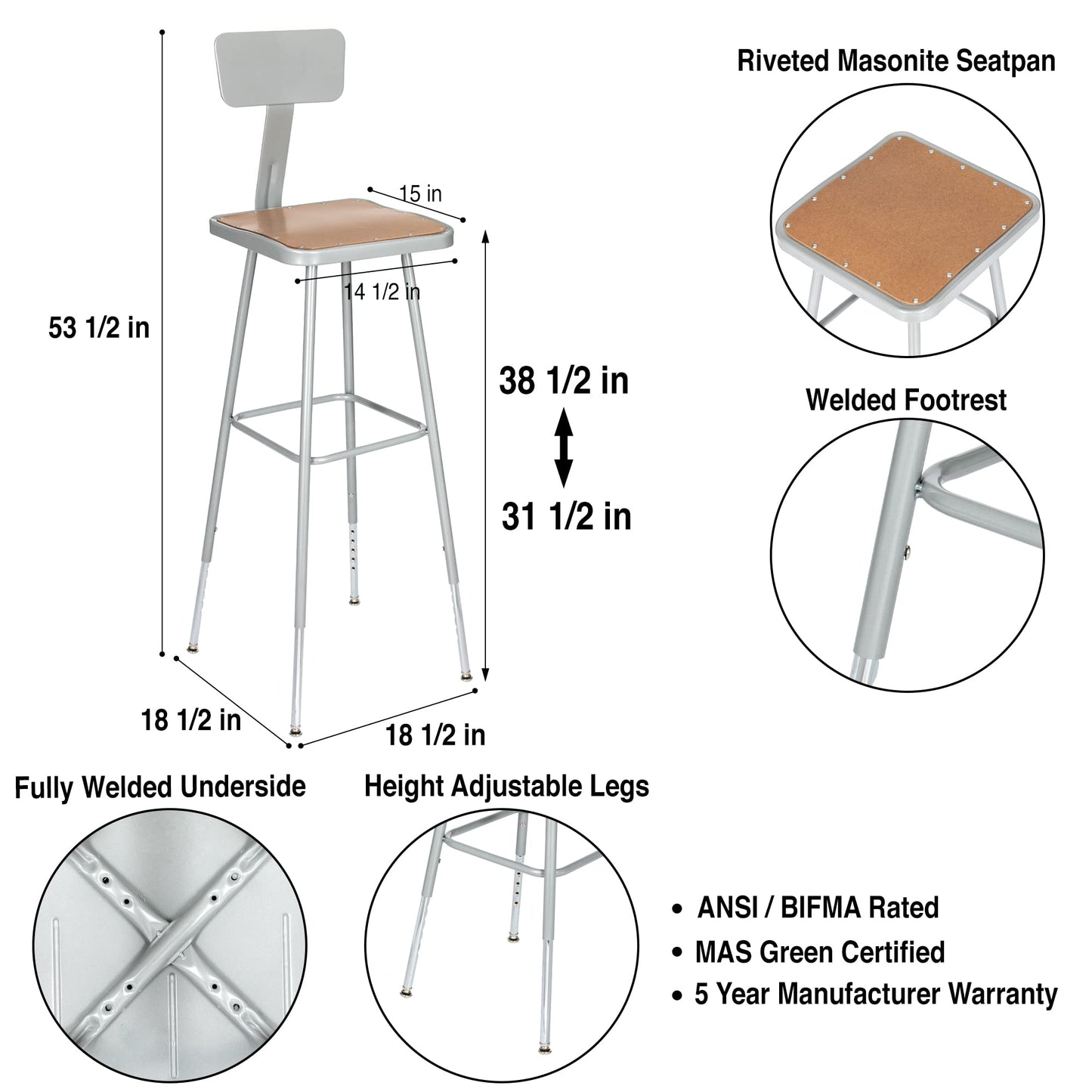 OEF Furnishings OEF6330HB/2 Premium Commercial-Grade All-Purpose Square Stool with Backrest (Height-Adjustable, 30–38 inch Range, Gray Frame, Masonite Wood Seat, 2-Pack)