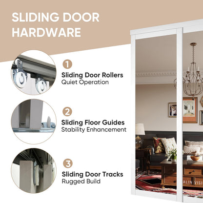 SOLRIG Closet Doors, 60"(Double 30.98") x 80" Mirror Closet Doors,1-Lite Mirror Sliding Door with Hardware Track Kit & Floor Guide, Finished Doors 2 Panels, MDF, White