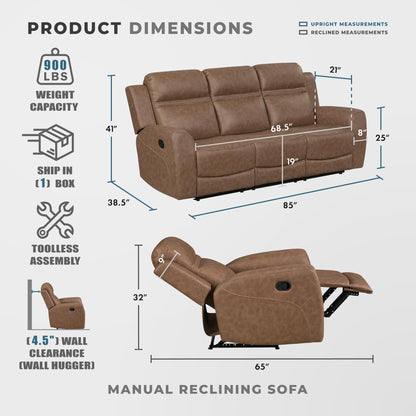 Lexicon 85" W Manual Double Reclining Sofa - Polished Microfiber Wall Hugger Manual 3 Seater Recliner Couch, Comfort Armrests, for Living Room, Home Theater, Easy Assembly, Brown