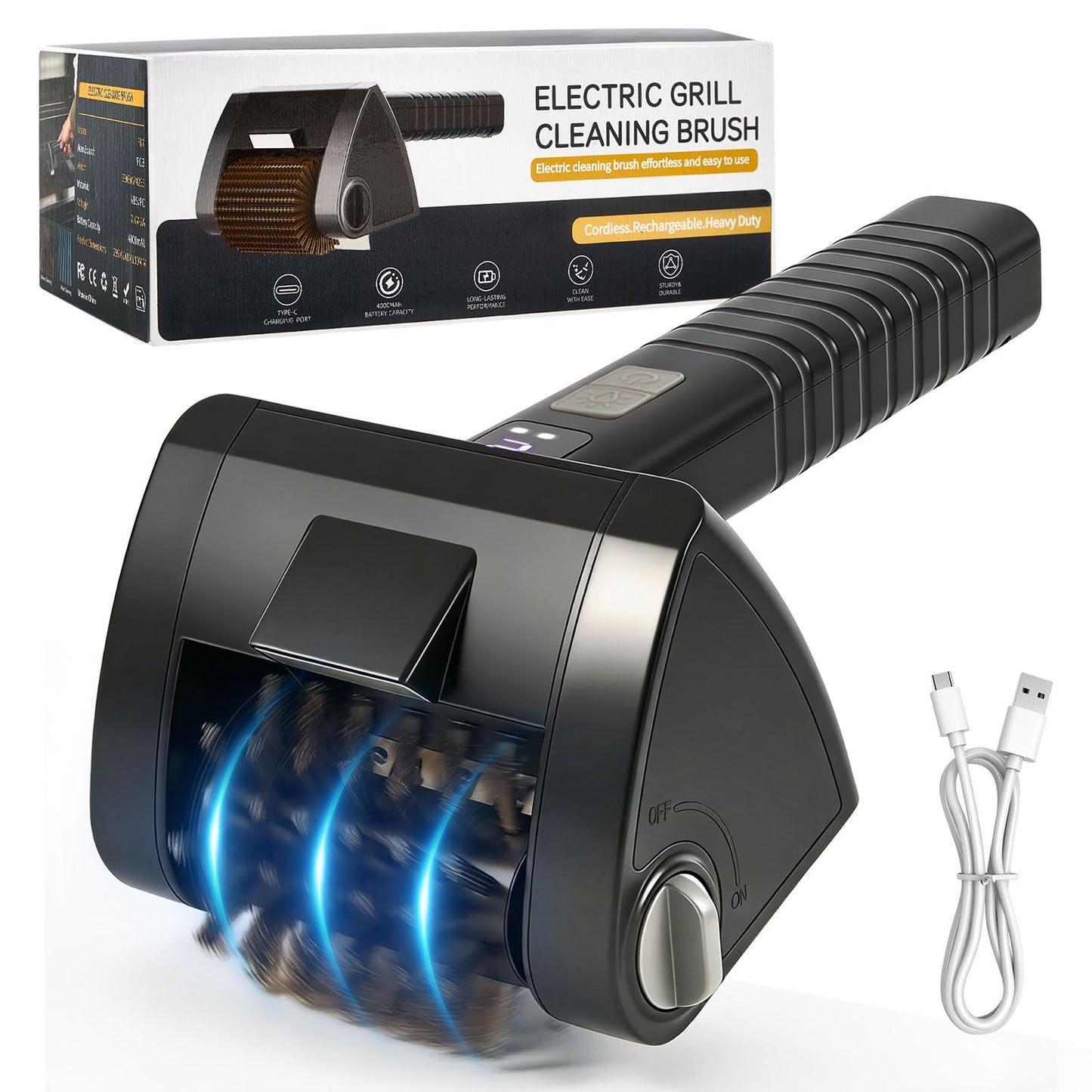 Electric Grill Brush, Cordless Rechargeable BBQ Cleaner, 2-Speed Control, 304 Stainless Steel Removable Brush Head for BBQ Grates & Outdoor Grills