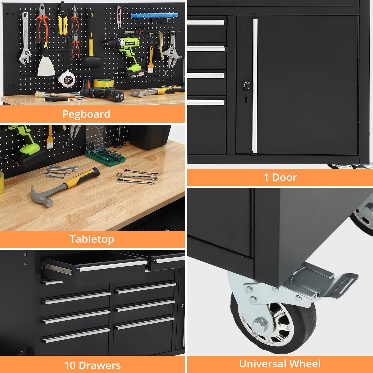 61 Inch Rolling Tool Chest, 10 Drawers Garage Workbench Storage Tool Cabinet with Rubber Wood Top, 1675 LBS, Power Strip, Locking System, Drawer Liners for Garage, Warehouse and Repair Shop, Black