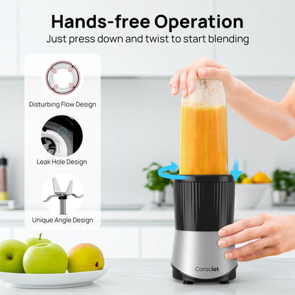 Consciot CB08 11-Piece Blender for Kitchen and Personal Size, Blend Shakes and Smoothies, Frozen Drinks, Baby Food, Spreads & More, 3 Portable To-Go Cups & 2 Spout Lids & 1 Solid Lid, 900 Peak Watts