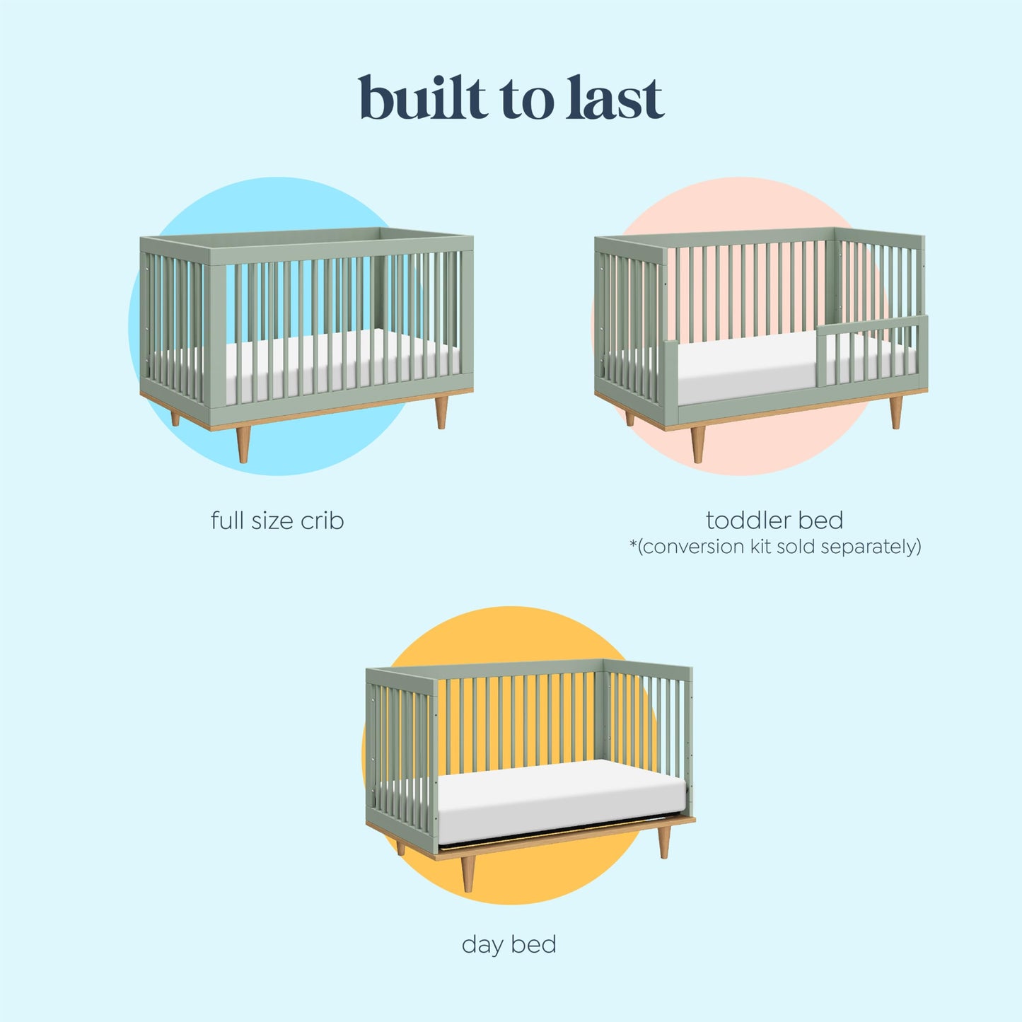 Davinci Marley 3-in-1 Baby Crib Convertible to Toddler Bed & Daybed - Easy to Assemble Wooden Crib - GREENGUARD Gold Certified - 4 Adjustable Heights - Conversion Kit Sold Separately, Light Sage