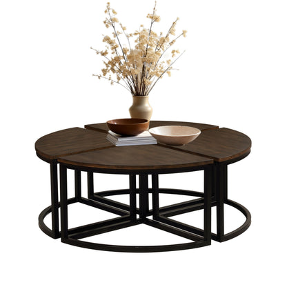 Alaterre Furniture Arcadia Round Acacia Wood Nesting Tables – 4-Piece Modular Wedge Coffee Table Set with Industrial Metal Legs – Living Room Accent Tables with Space-Saving Design (Antiqued Mocha)
