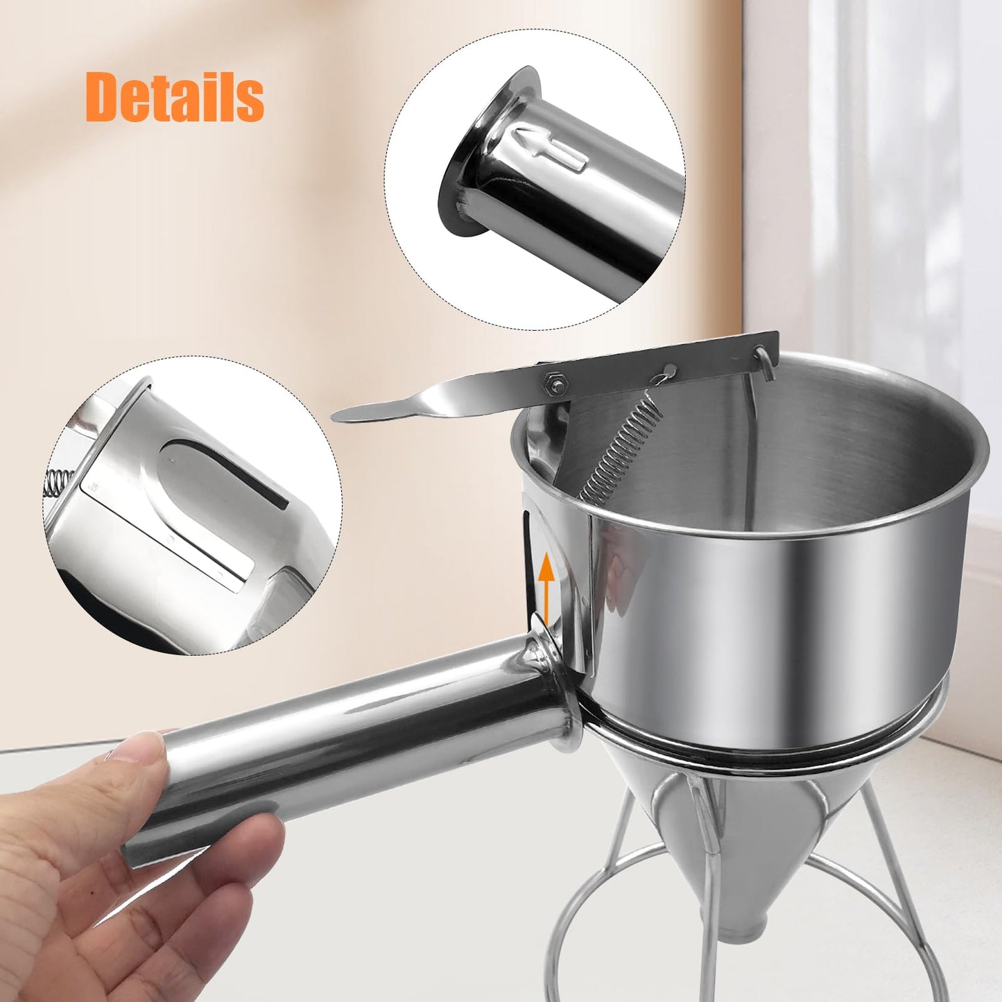 40oz Pancake Batter Dispenser, Stainless Steel Funnel Cake Dispenser with Stand Heavy Duty Baking Tool for Cupcake Waffles Cakes Takoyaki and Kitchen Baking (Large)