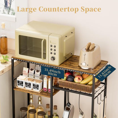 Consumest Microwave Stand, Adjustable Coffee Bar Cabinet, Multifunctional Pan Organizer with 6 Hooks and 3 Shelves, Bakers Rack for Shovel, Pots, Fruits, Vegetables, Brown&Black