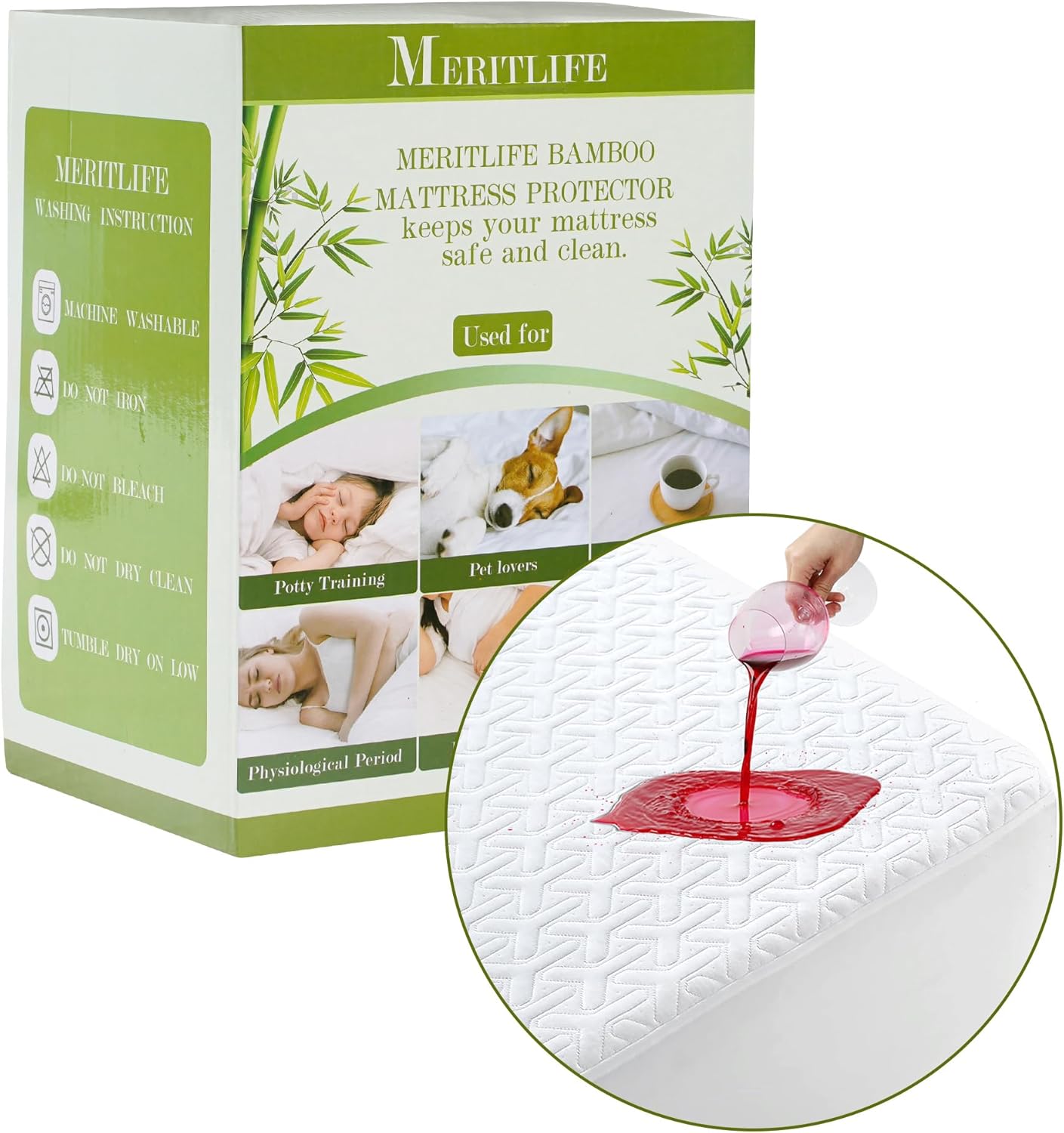 MERITLIFE Premium Waterproof Twin XL Mattress Protector | Noiseless Cooling Bed Cover | Soft Washable (White, Twin XL)