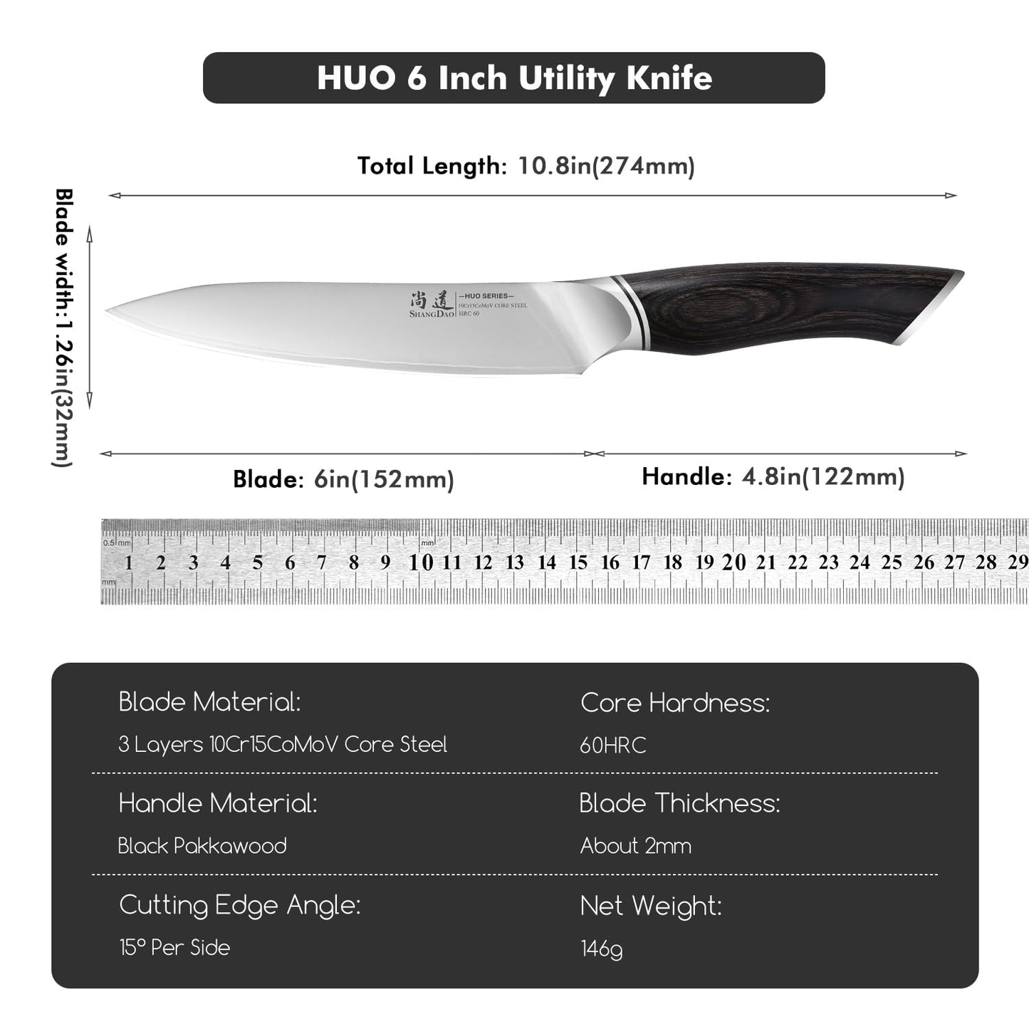 SHANGDAO Utility Knife, 6 Inch Small Kitchen Chef Knife, Ultra Sharp 3 Layers VG10 Alloy Steel, Multipurpose Paring Knife for Fruit and Vegetable Cutting with Wooden Handle, Gift Box