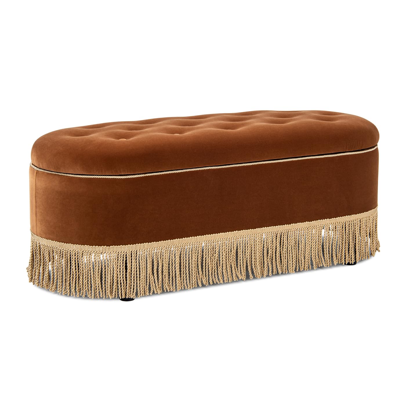 Jennifer Taylor Home 48.5" Oval Tufted Bullion Fringe Storage Bench, Burnt Orange Performance Velvet