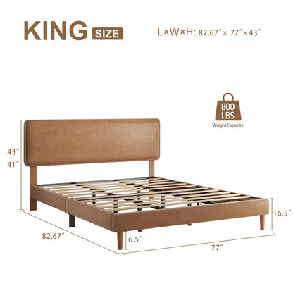 Sismplly King Size Upholstered Bed Frame with Adjustable Headboard, Faux Leather Platform Bed with Wood Slats, Lychee Grain Leather, No Box Spring Needed, Easy Assembly, Noise Free, Brown