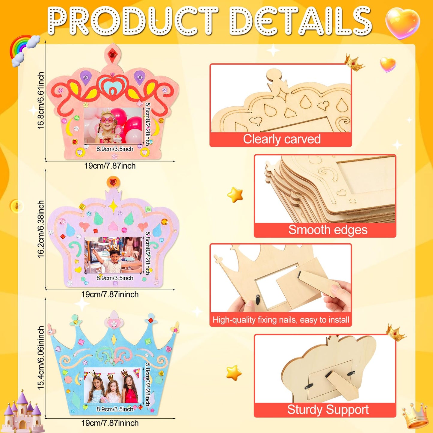 Blueweenly 12 Pcs DIY Picture Frame Painting Craft Kits for Kids Wooden Crown Princess Party Favors Paint and DIY Your Own Frame with 88 Cell Rhinestone Stickers 12 Color Paint Girl Birthday (Square)
