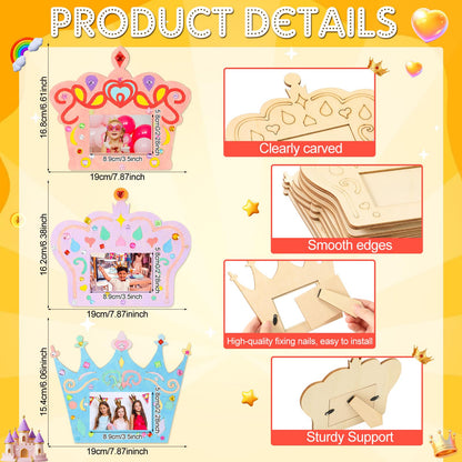 Blueweenly 12 Pcs DIY Picture Frame Painting Craft Kits for Kids Wooden Crown Princess Party Favors Paint and DIY Your Own Frame with 88 Cell Rhinestone Stickers 12 Color Paint Girl Birthday (Square)