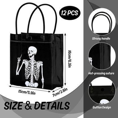 Whaline 12 Pcs Halloween Skeleton PVC Gift Bags Black White Skeleton Party Favor Bags with Handles Day of the Dead Reusable Clear Treat Tote Bag for Trick or Treat Holiday Birthday Party Supplies
