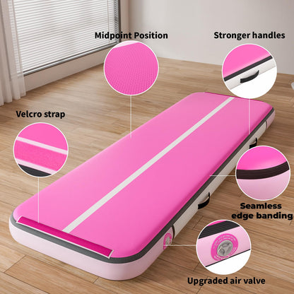 Inflatable Gymnastics Mat Tumble Track (8 Inches Thick) - 20ft Air Floor Training Mats for Home Use, Cheerleading, Water Fun & Camping - Includes 500W Electric Pump & Carbon Pattern Design, Pink