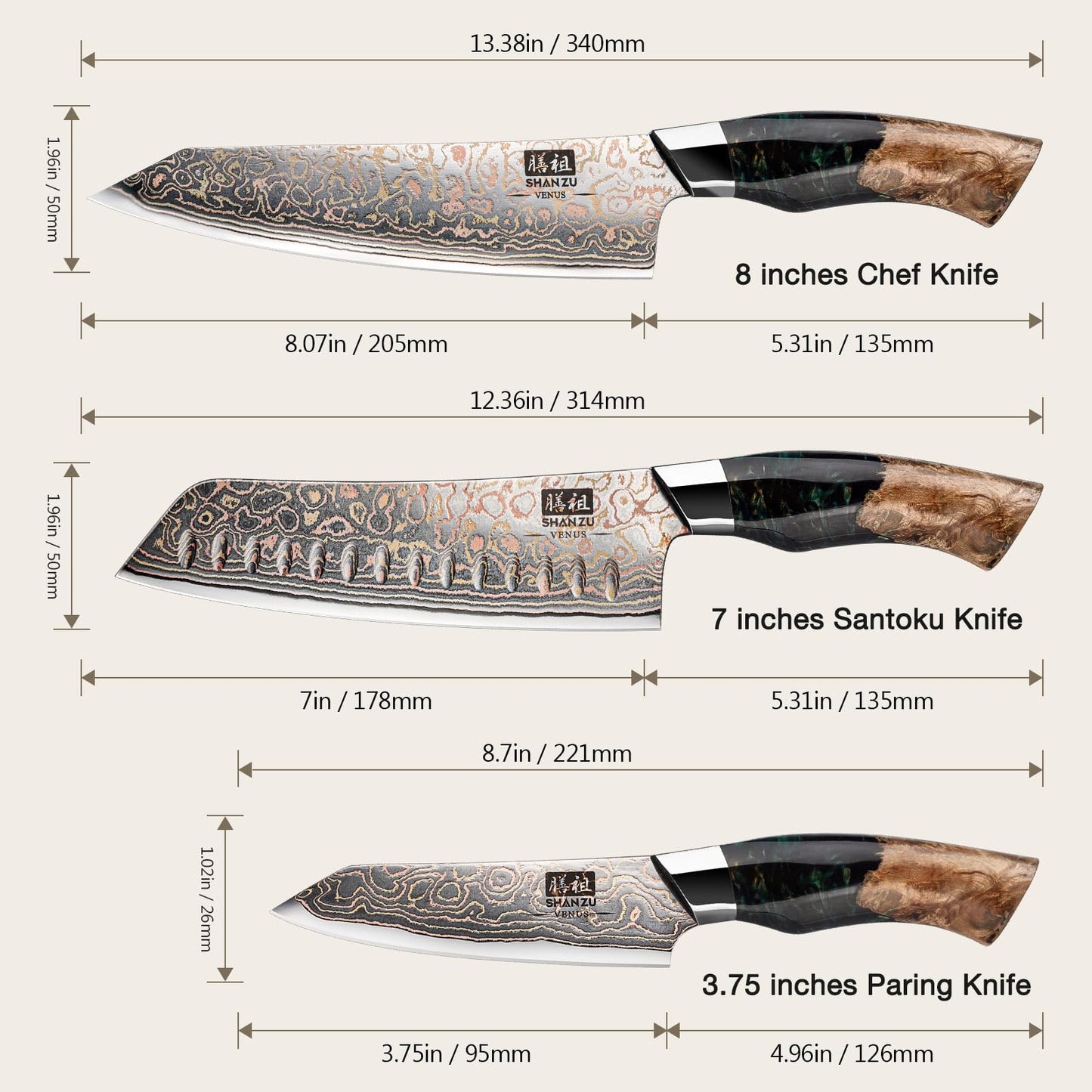 SHAN ZU Damascus Knife Set, Copper & Damascus Steel Japanese Kitchen Knives, High Carbon 33 Layer Hand Forged Utility Knife Professional Sharp Kitchen Knife with Maple Wood Handle
