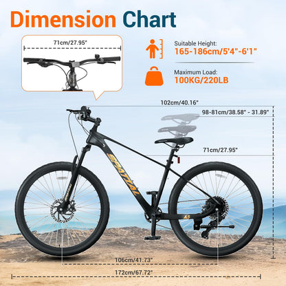 SPATIAL Mountain Bike/Fat Tire, 24/26/27.5/29 Inch Outdoor Cycling Bike, 8/21 Speed Lightweight Aluminum Frame | Dual Disc Brakes, Adjustable Ergonomic Seat for Adult Teens (Black, 27.5'')
