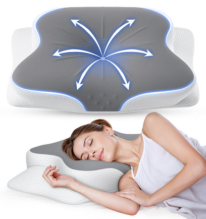Cervical Pillow for Neck Pain Relief - Ergonomic Memory Foam Pillow with Cooling Case Orthopedic Support Side Sleeper Pillow for Pain Relief Support for Side Back Stomach Sleepers