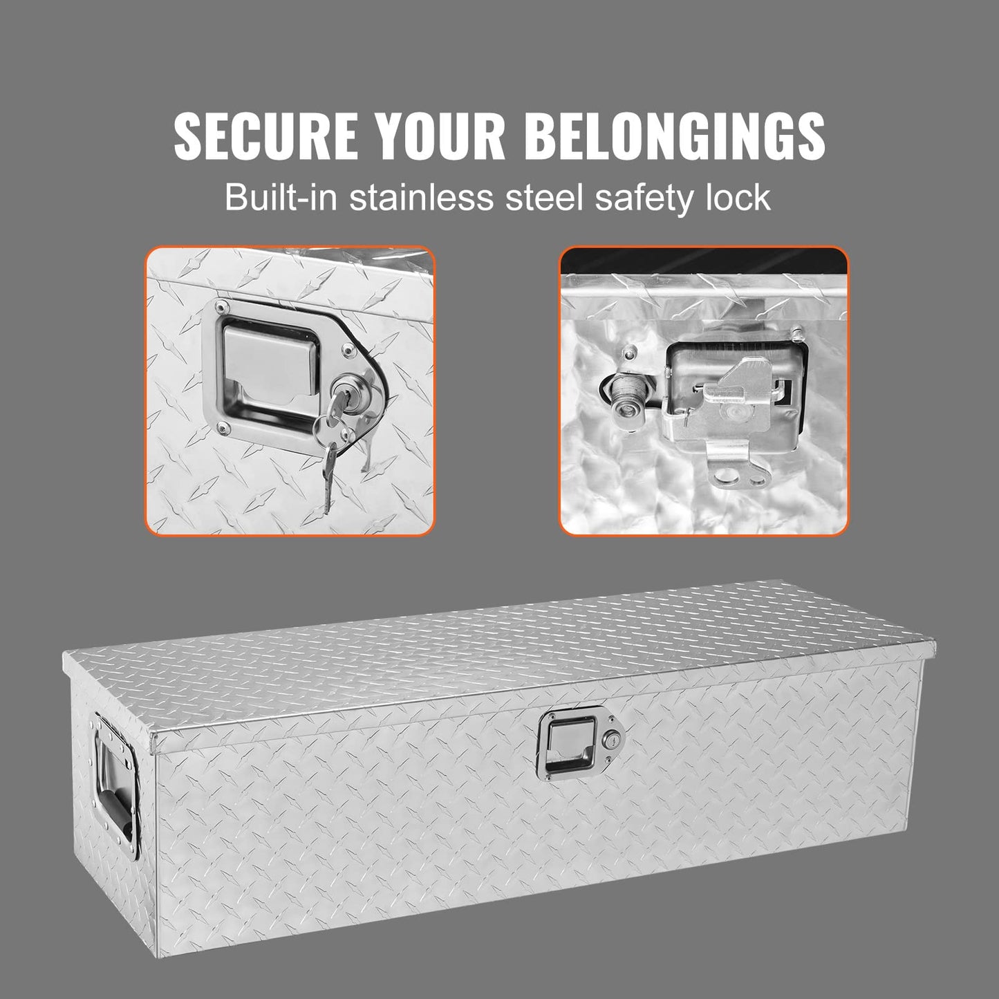 VEVOR Heavy Duty Aluminum Truck Bed Tool Box, Diamond Plate Tool Box with Side Handle and Lock Keys, Storage Tool Box Chest Box Organizer for Pickup, Truck Bed, RV, Trailer, 39"x13"x10", Silver