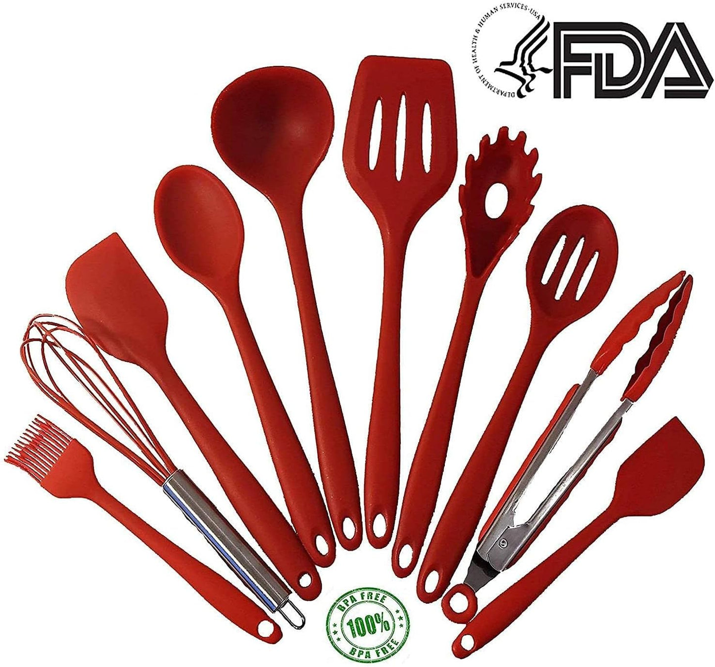 Kitchen Utensils Set, 10+1 Piece Silicone Heat-Resistant Non-Stick Cooking Tools in Red