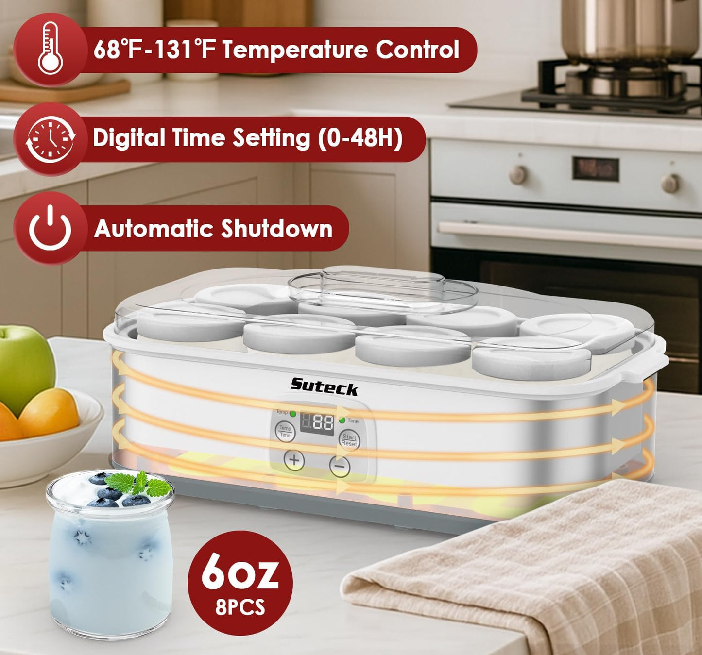 8 48 oz Suteck Yogurt Maker with Glass Jars, Time & Temp Adjustable Control Yogurt Machine, Homemade Greek & Probiotic