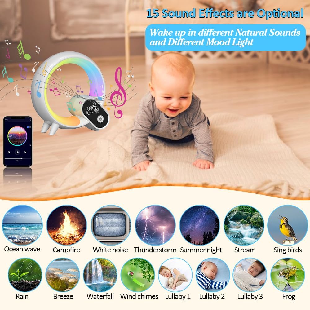 15 Snooze,Timer, Wake Up Light, Smart Sunrise Alarm Clock for Kids Baby Sound Machine with Soothing Sounds Bluetooth